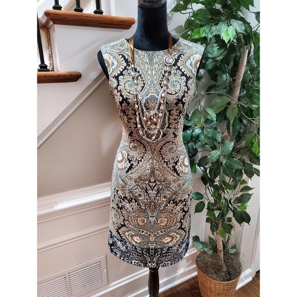 Studio 1 Women's Multicolor Polyester Round Neck Sleeveless Knee Length Dress 4 - Picture 1 of 11